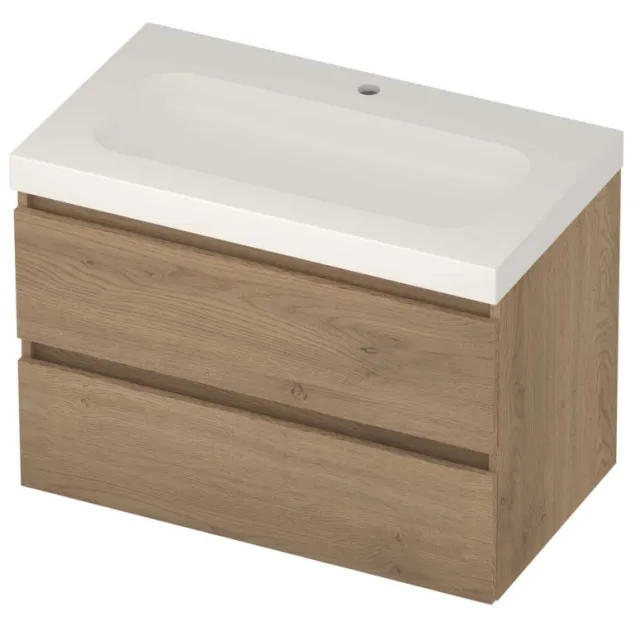 Basic-Line Moby 46 Badmeubelset Polystone 1 Kraangat Greeploos 80x46x58 cm Pure Oak Glans Wit
