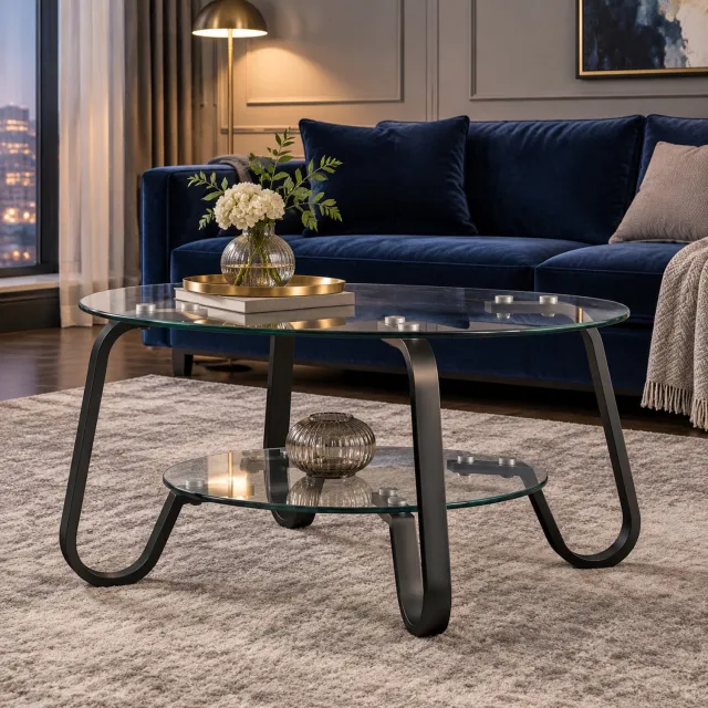 CHICFURN Salontafel - 2 niveaus - Veiligheidsglas - Rond - Zwart