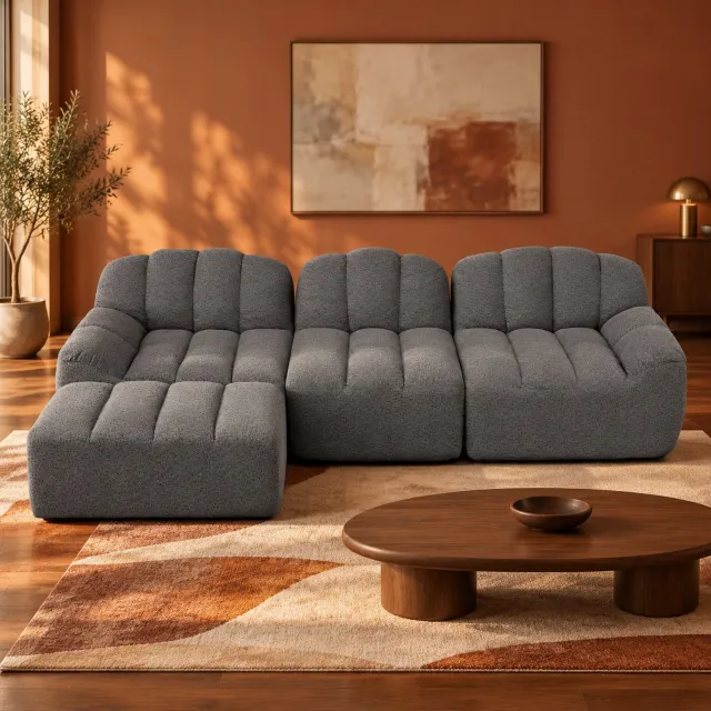 WUVRIE Modulaire hoekbank 288x165 cm - 3-zits met hocker en 32D schuimvulling - Grijs