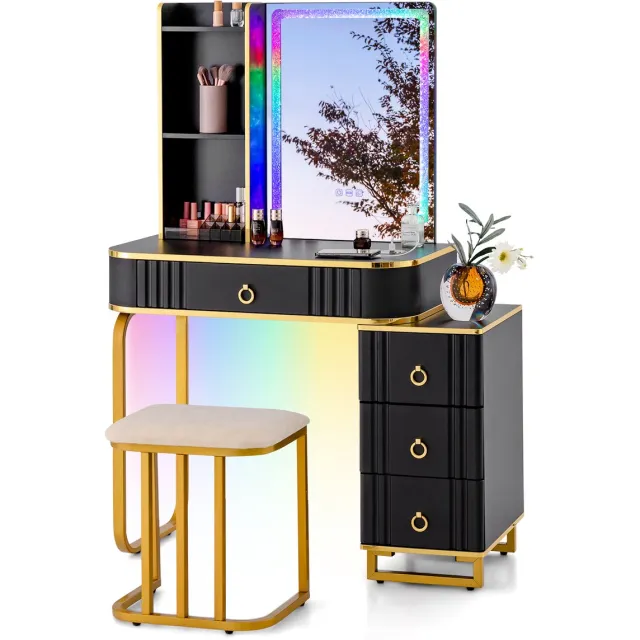 Costway Make-uptafel met ledverlichting, kaptafel met 7 dynamische en 7 statische dimbare ledlampen, draadloos laadstation, USB-poort en 4 laden, make-uptafel met kruk zwart