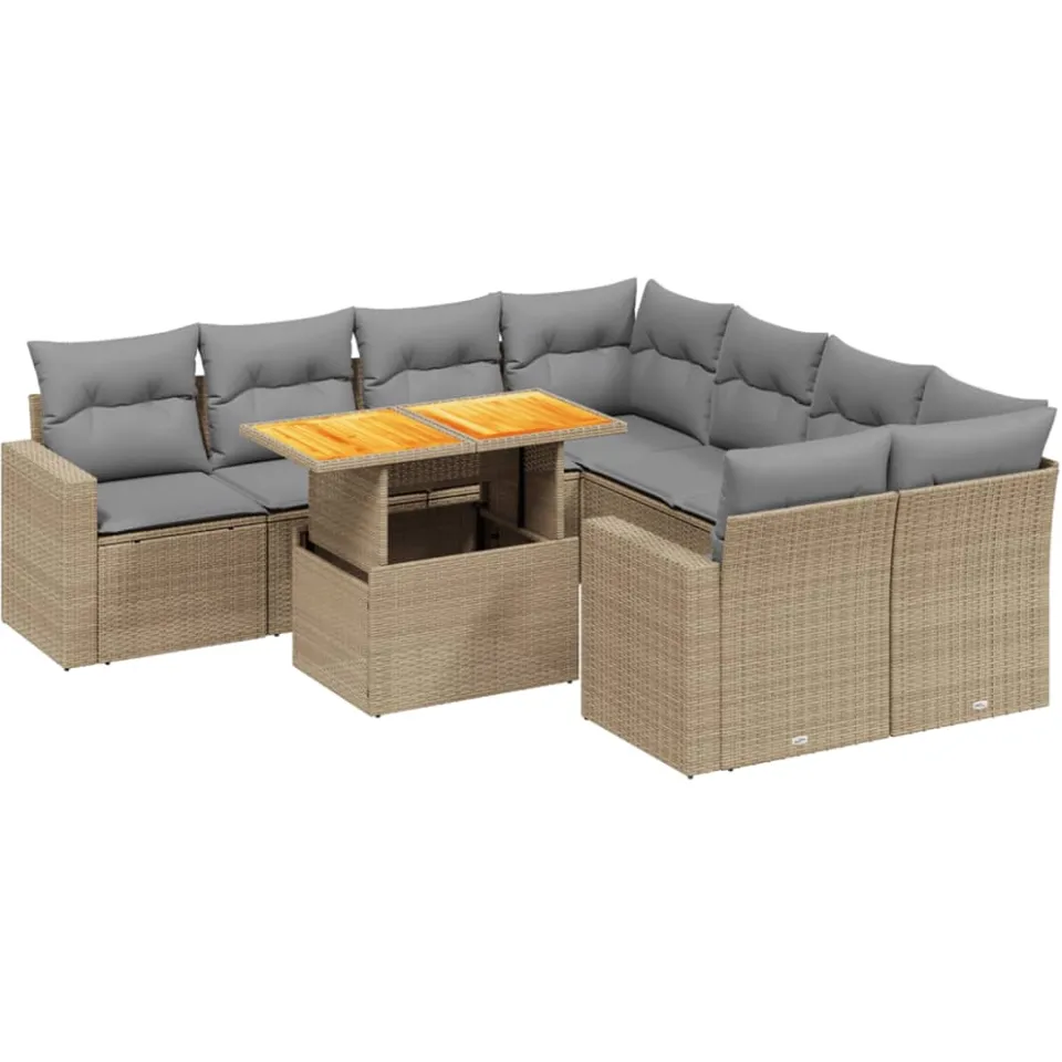 vidaXL 9-delige Loungeset met kussens poly rattan beige, foto 3