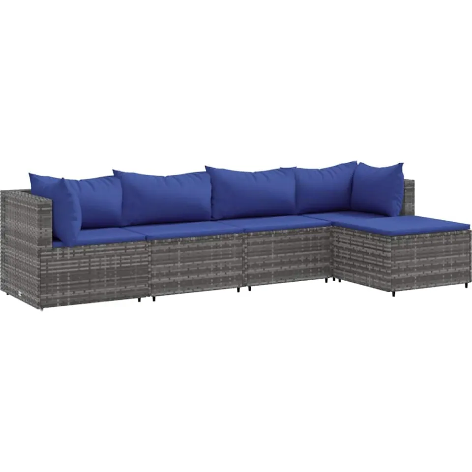vidaXL 5-delige Loungeset met kussens poly rattan grijs, foto 3