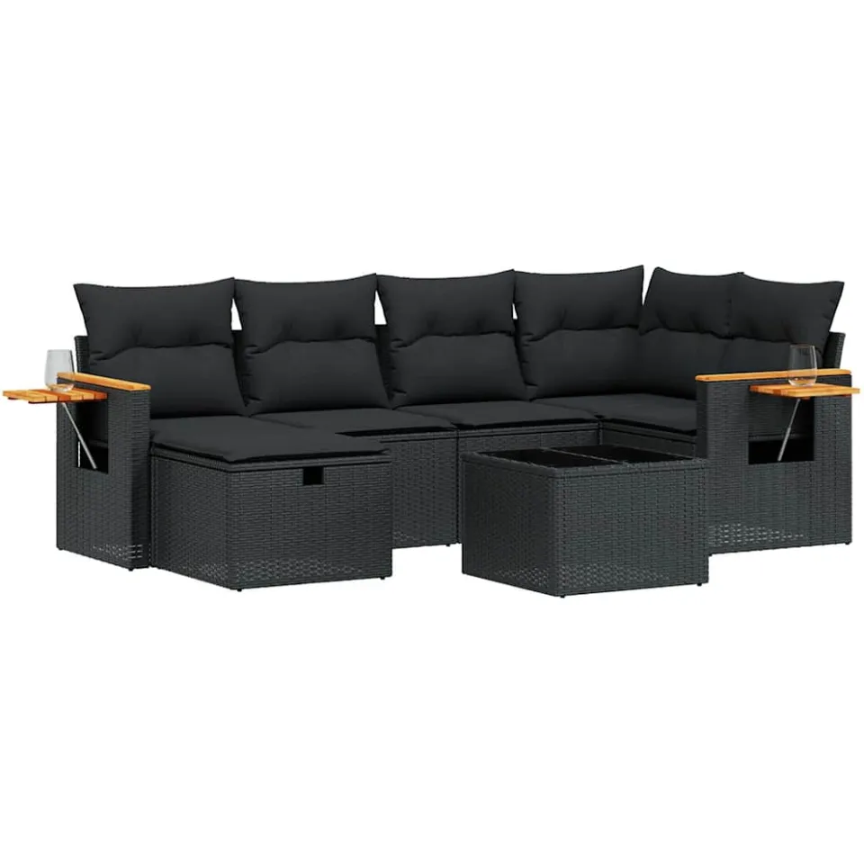 vidaXL 7-delige Loungeset met kussens poly rattan zwart, foto 3
