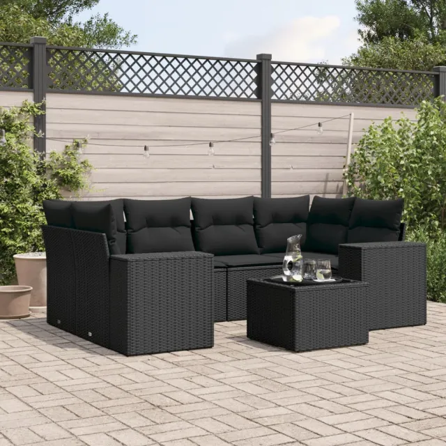 vidaXL 7-delige Loungeset met kussens poly rattan zwart, foto 2