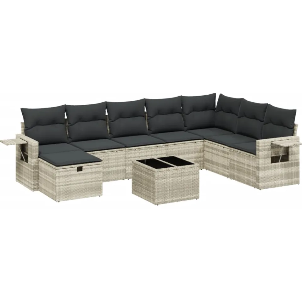 vidaXL 9-delige Loungeset met kussens poly rattan lichtgrijs