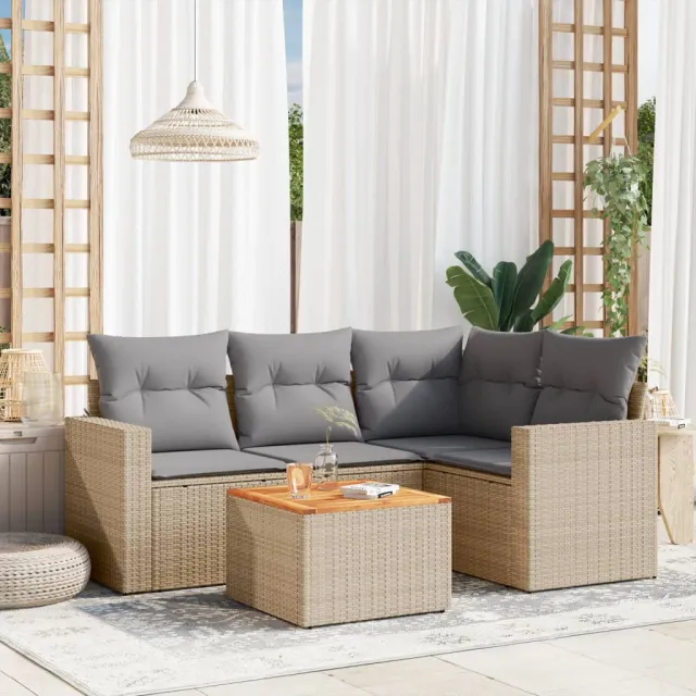 vidaXL 5-delige Loungeset met kussens poly rattan beige, foto 2
