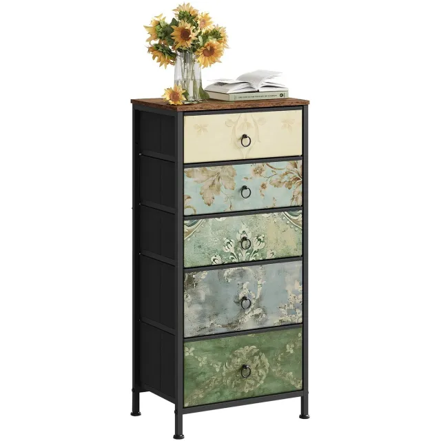 Archi Stoffen Ladekast - Smalle Opbergkast - Vintage Bloemen Design – Retro Stijl – Metaal & Hout – 5 Laden – 45,5 × 95,5 × 30 cm Bloemenmotief