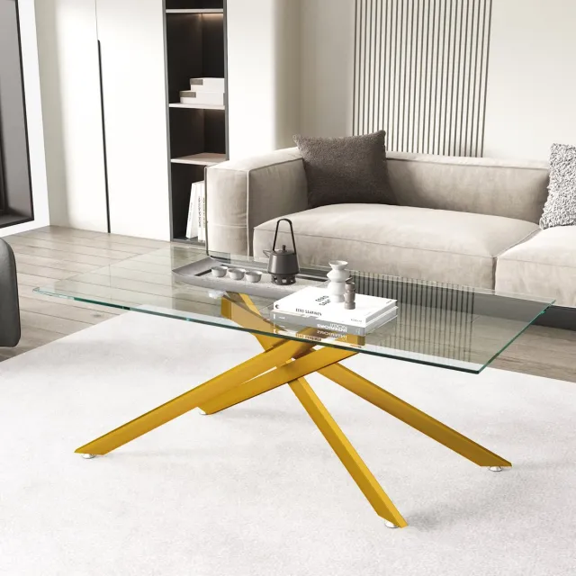 REDOM Salontafel - Gehard glazen tafelblad - X-vormig metalen onderstel - Moderne stijl - Woonkamer - Glas en metaal - Goud - 120 x 60 x 46 cm Gold