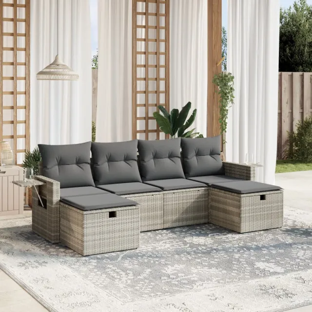 vidaXL 6-delige Loungeset met kussens poly rattan lichtgrijs grijs, foto 2