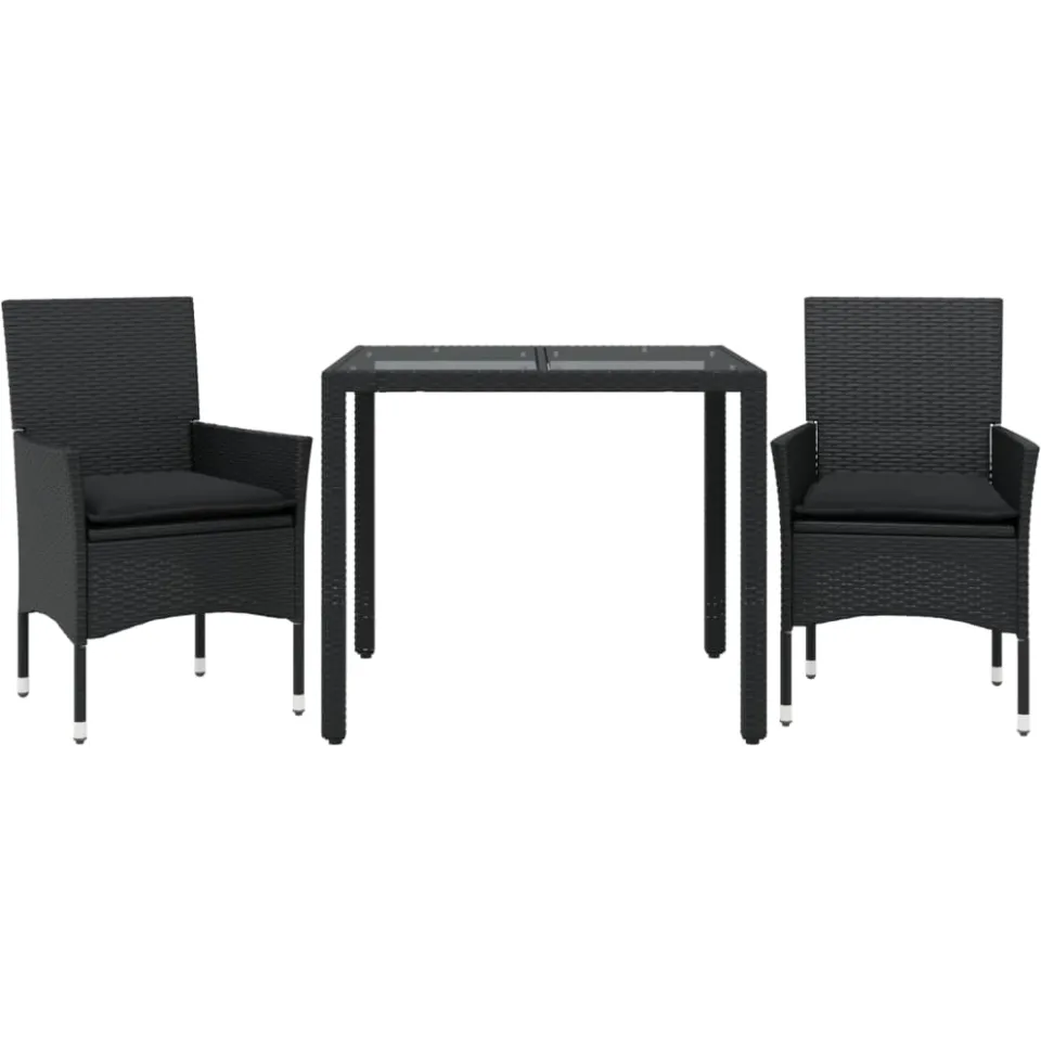 vidaXL 3-delige Tuinset met kussens poly rattan en glas zwart, foto 3