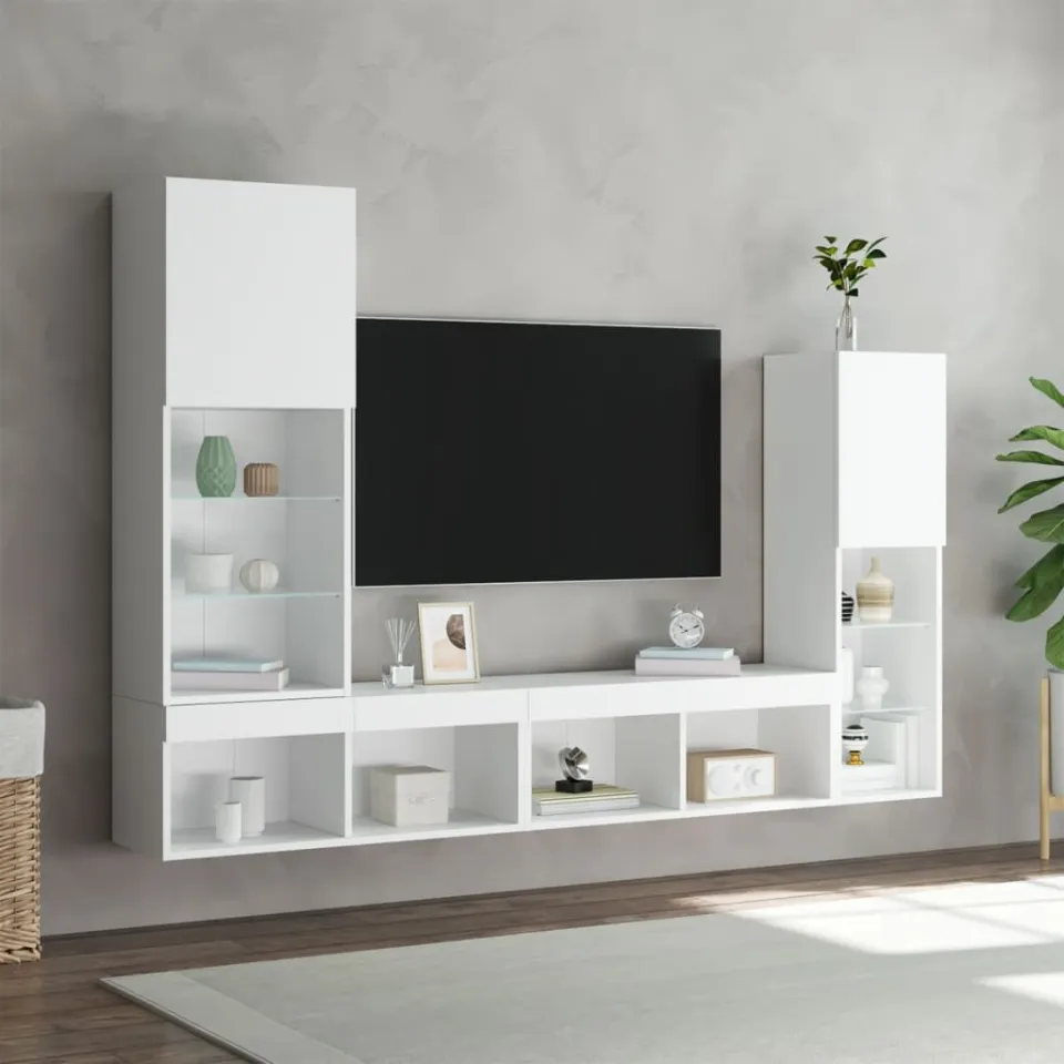 vidaXL 4-delige Tv-wandmeubelset met LED-verlichting bewerkt hout wit, foto 3