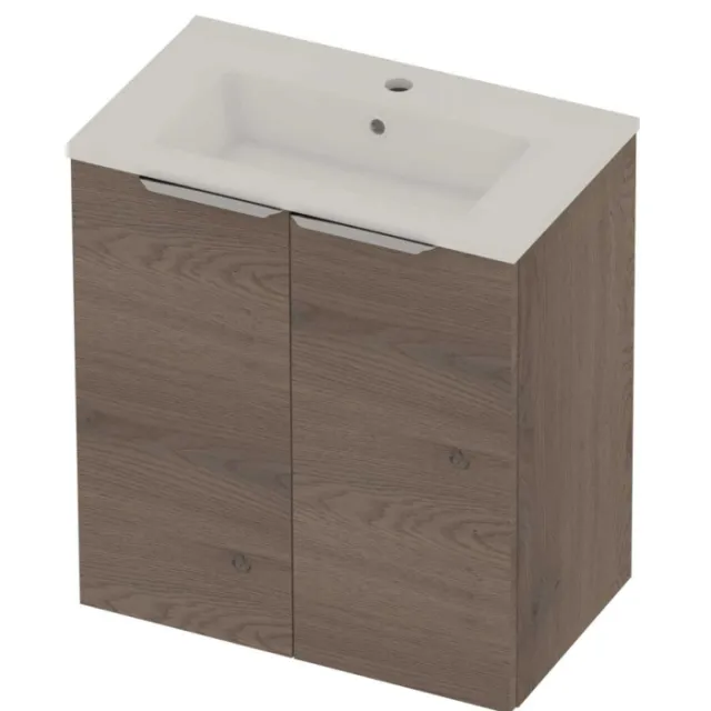 Basic-Line Tiny 36 Badmeubelset Porselein 1 Kraangat Voor Grepen 60x36x67 cm Dusk Oak Glans Wit