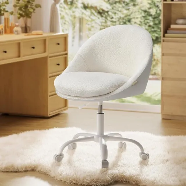 Bobbel Home Bureaustoel Teddy Wit - Sherpa / Bouclé Stof - Verstelbare Bureaustoel zonder Armleuning - Voor Home Office & Make-up Tafel - Scandi Design Wolkenwit