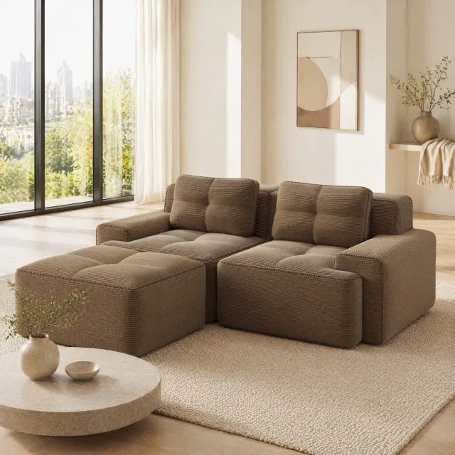 MEUNIQ modulaire hoekbank 204 x 177 x 69 cm met ottoman, 74 cm zitdiepte, corduroy bekleding, slaapfunctie en lage zitting voor woonkamer, bruin
