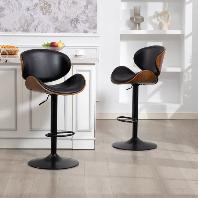 Welltin Barkrukken - Set van 2 - 360° Draaibare Barstoelen - PU-Lederen Bekleding - Gebogen Houten Rugleuning - Ergonomische Rugleuning - In Hoogte Verstelbare Barkrukken - Met Voetsteun - Barstoel voor Thuis - Zwart