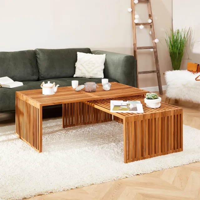 IDIMEX HAVANA salontafel met lamellen, set van 2 - natuurlijk teakhout