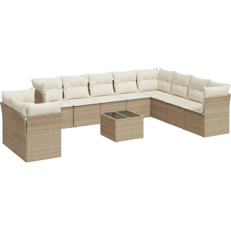 vidaXL 11-delige Tuinset met kussens poly rattan beige