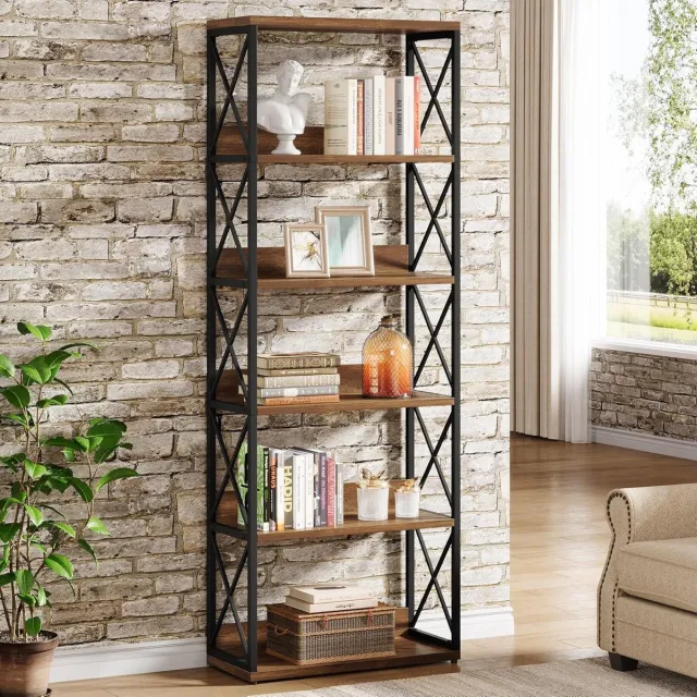 Tribesigns Boekenkast met 6 Planken - Boekenkast Industrieel - Open Opbergplanken voor Woonkamer, Slaapkamer, Thuiskantoor - 60x30x178cm - Bruin en Zwart