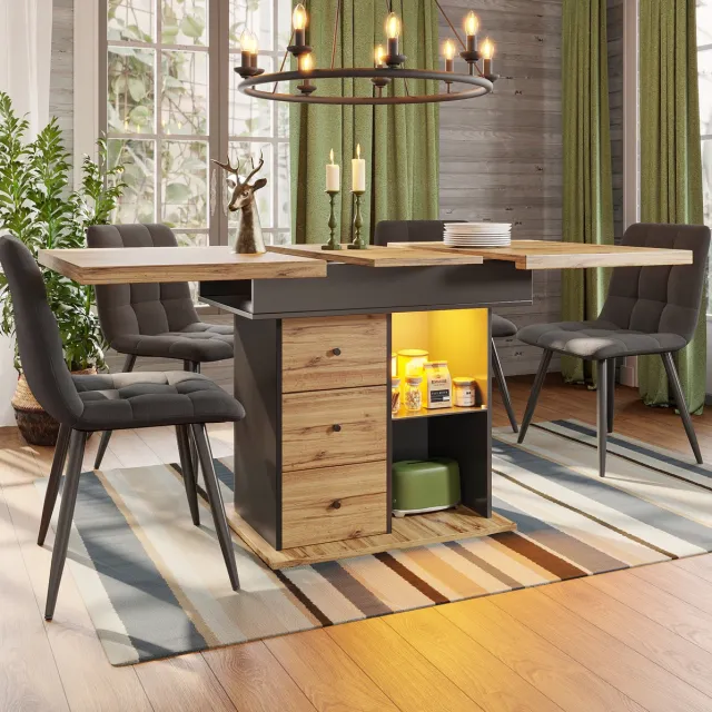 MEUNIQ uitklapbare eettafel 110-140 x 80 x 75 cm met LED-verlichting, USB-aansluiting, 2 lades en opbergruimte, zwart/naturel Black