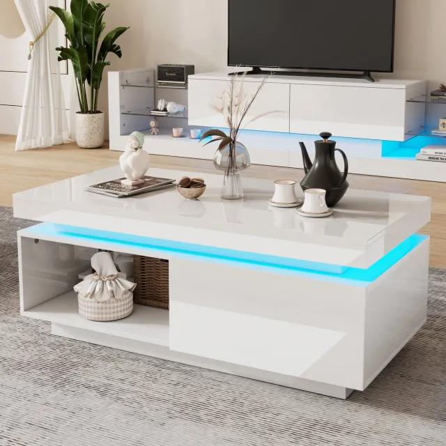 HAUSS SPOLE Salontafels - Vorm 100x50x40.3 cm - Koffietafel Met Lade En LED-Verlichting - Hoogglans Afwerking - Voor Woonkamergebruik - Hout - Wit