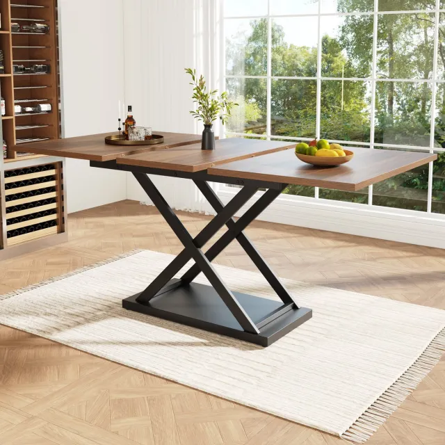 COVREO Uitschuifbare eettafel – 120-160x80x75 cm – Eetkamertafel met metalen kruispoten – Meubel voor keuken en woonkamer – Walnoot/zwart