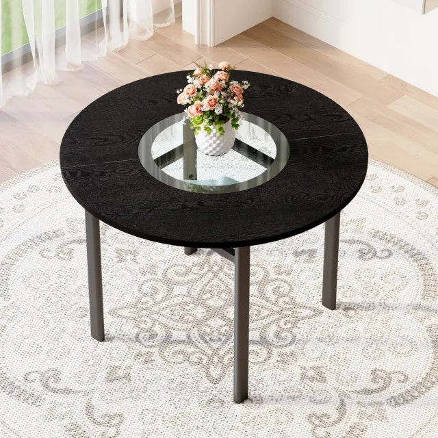 KOMHTOM Ronde Eettafel - Modern en Minimalistisch Ontwerp - 100 cm Diameter - Zwarte Houtnerf met Grijs Glazen Inzetstuk - Metalen Stabiliteitsframe - Geschikt voor 2-4 Personen