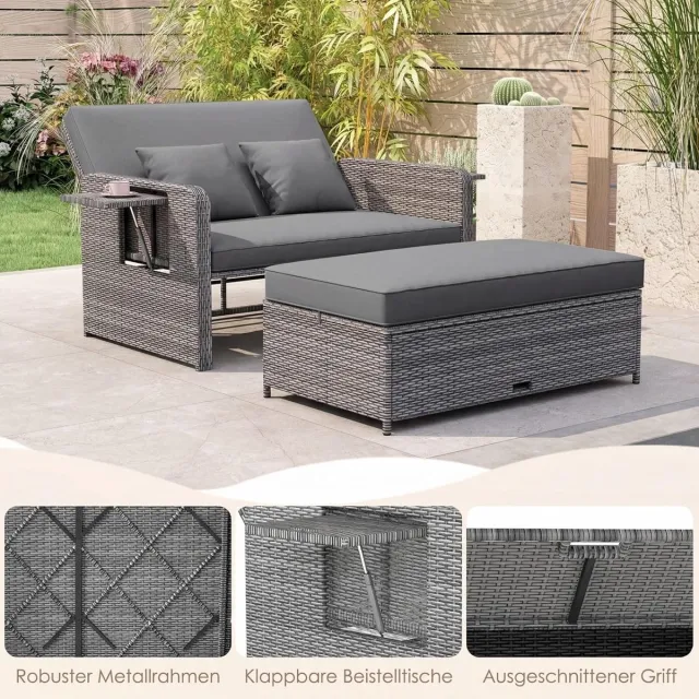 Laura Rotan Loungeset 3-in-1 Ligstoel – 166 x 166 x 55 cm – Verstelbare Rugleuning, Met Opbergruimte, Inclusief Kussens, Tuinbank / Daybed / Chaise Longue – Grijs Gemêleerd – Laura