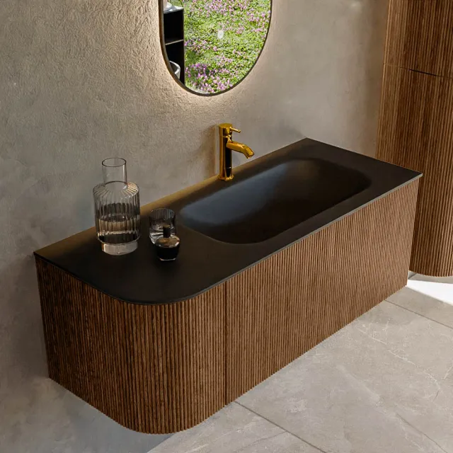 Mondiaz KURVE 115 cm Onderkast Greeploos 1 Lade Met Deuren Walnut, Wastafel Solid Surface Rechts Urban 0 Kraangaten Zonder Spiegel (KRVBGS115L1L1D0KR-Wal/Urb)