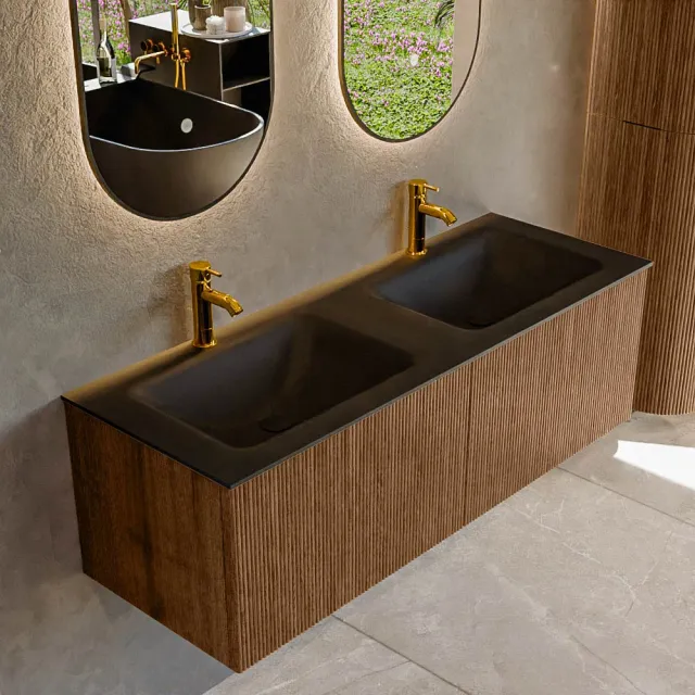 Mondiaz KURVE-DLUX 130 cm Onderkast Greeploos 2 Lades Zonder Deuren Walnut, Wastafel Solid Surface Dubbel Lava 2 Kraangaten Zonder Spiegel (KRVLEA1302L0D2KD-Wal/Lav)
