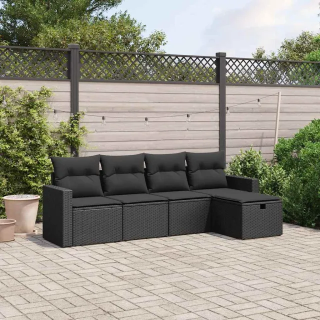 vidaXL 5-delige Loungeset met kussens poly rattan zwart, foto 2