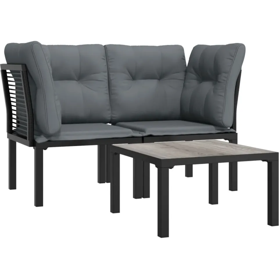vidaXL 3-delige Loungeset met kussens poly rattan zwart en grijs