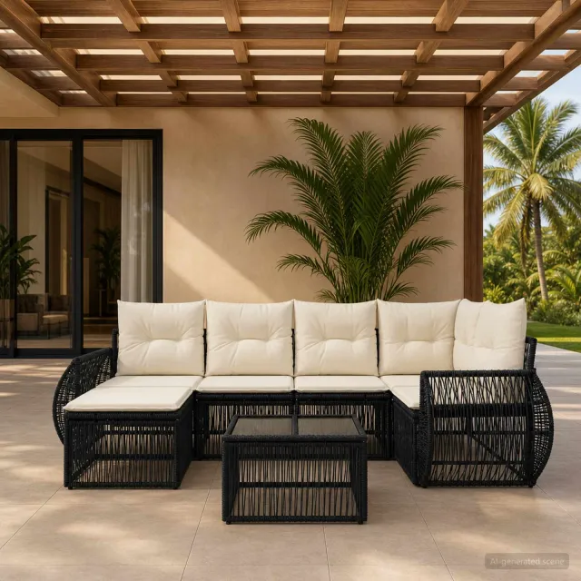 vidaXL Tuinbankenset 7 st Zwart en Cream Wit poly rattan, foto 2