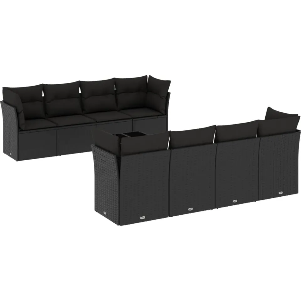 vidaXL 9-delige Loungeset met kussens poly rattan zwart