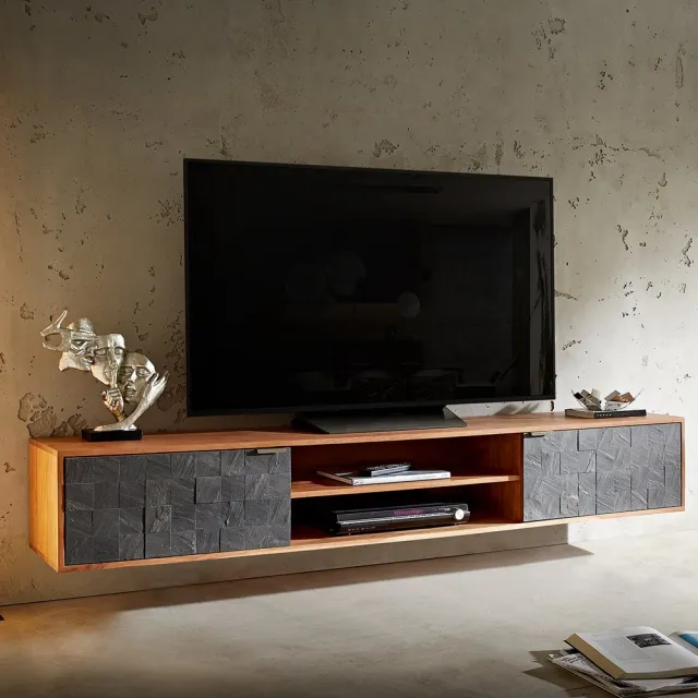 DELIFE TV-meubel Teele acacia natuur leisteen 200 cm 2 Deurs Lowboard zwevend Bruin