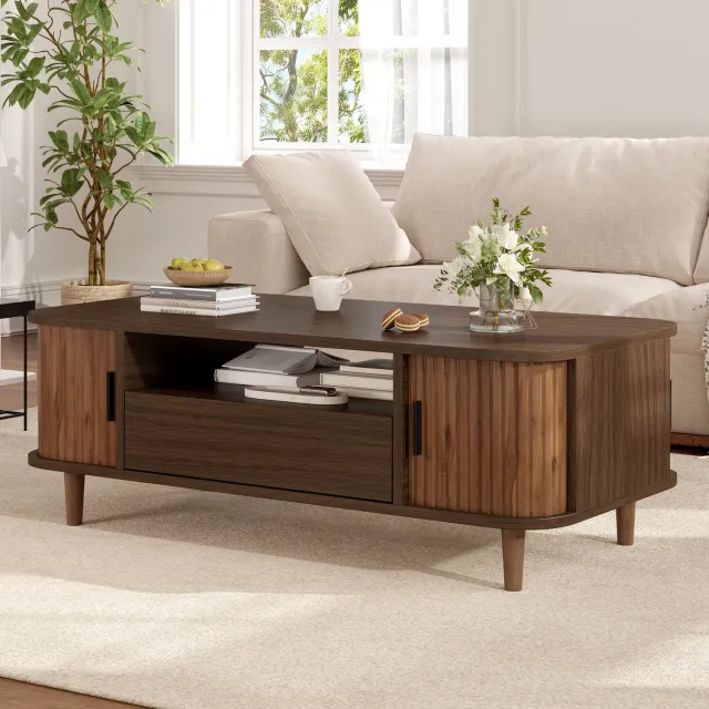 MODENUIT Salontafel - Met Lade En Roldeuren - Woonkamer - Mdf En Spaanplaat - Walnootkleur - 100x50x35 Cm