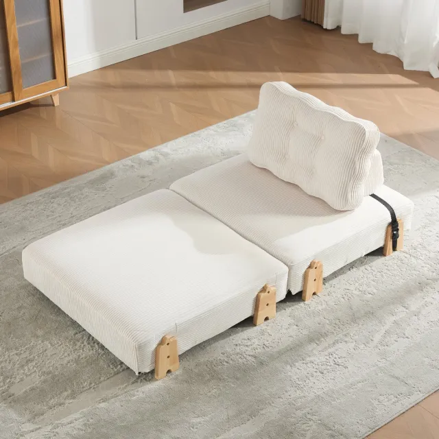 MODENUIT Fauteuil 90 x 86 x 84 cm - Uitklapbaar Tot Bed - Kleine Ruimtes - Cord Met Houten Poten - Beige