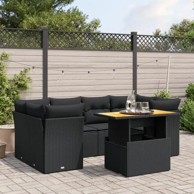 vidaXL 7-delige Loungeset met kussens poly rattan zwart, foto 2