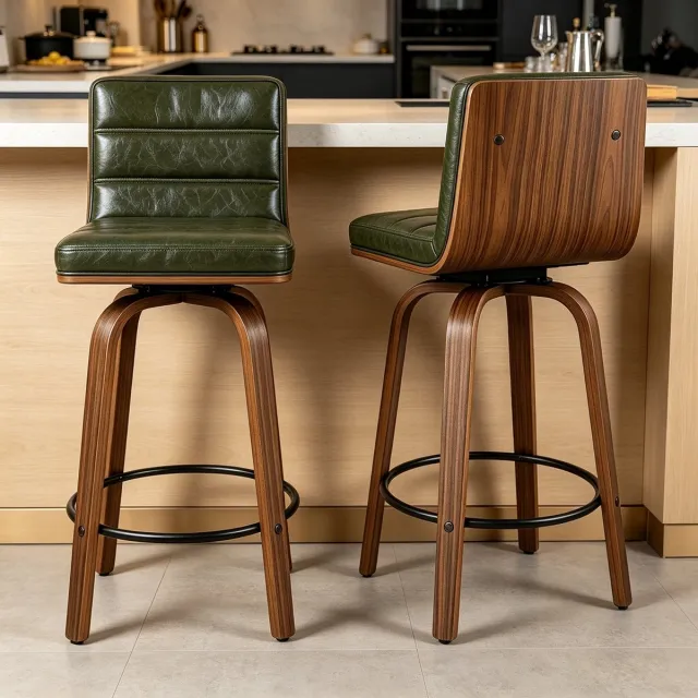MODENUIT Barkruk 48 Cm - 360° Draaibaar Met Rugleuning En Voetenring - Voor Keuken En Bar - Kunstleer - Groen Green