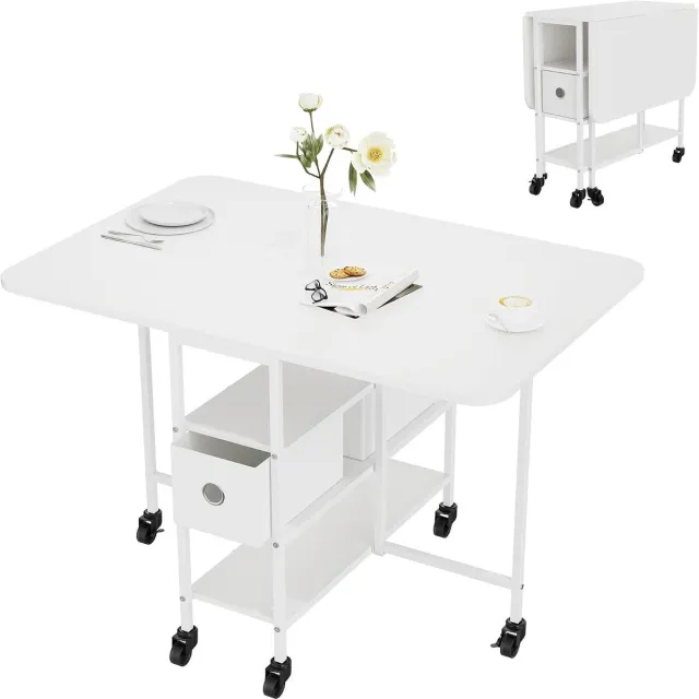 Triumpunpre Ruimtebesparende opklapbare eettafel – uitklapbaar blad – opberglade – 2 planken – verrijdbare keukentafel – 115 × 80 × 76 cm – wit