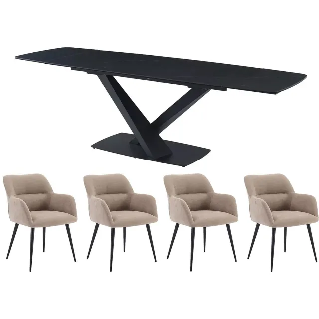 Vente-unique Set tafel MALATA + 4 stoelen HEKA - Zwart marmereffect en beige