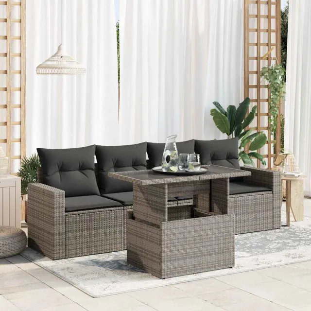 vidaXL 5-delige Loungeset met kussens poly rattan grijs, foto 2