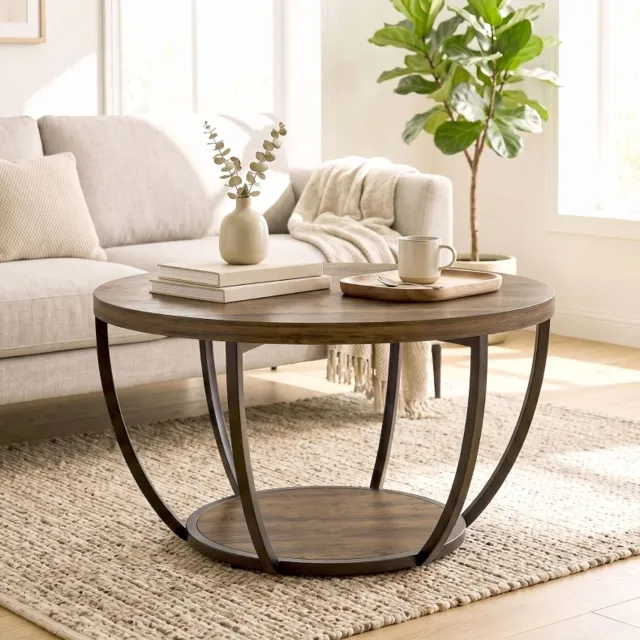 MIVRAY Salontafel - Rond Ontwerp Met Twee Niveaus - Opbergruimte Voor De Woonkamer - Spaanplaat En Metaal - 80 X 80 X 43,8 Cm - Bruin Zwart
