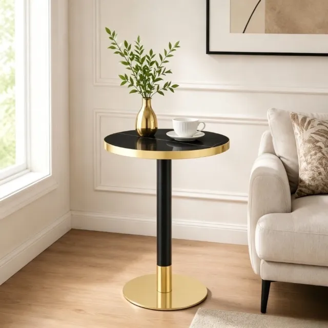 Clruro Bijzettafel - Ø60x73,7 cm - Rond met Gouden Rand - MDF/Metaal - Zwart/Goud