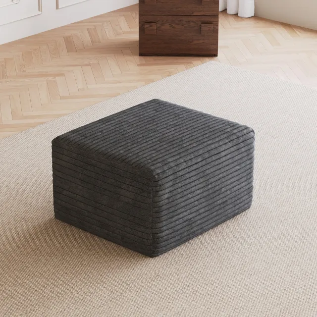 DESMIU Poef 65 x 60 x 38 cm - Zachte Ribstof en Zonder Montage - Voor Woonkamer en Slaapkamer - Stoffen Bekleding - Donkergrijs