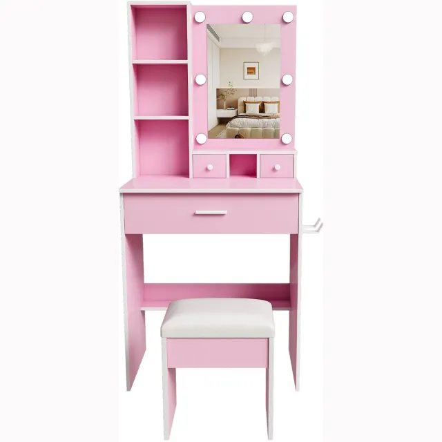 YYchan kaptafel - roze - 60 x 38 x 132 cm - met opbergruimte - met LED-verlichting - met stopcontact