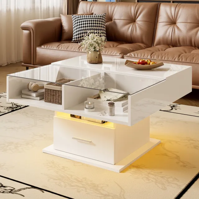 COVREO Salontafel 78 x 78 cm - hoogglans wit, LED-verlichting, hoogte verstelbaar