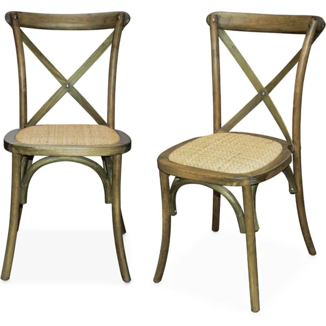 sweeek Set van 2 vintage rubberhouten bistrostoelen, zitting van rotan, stapelbaar - belleville verouderd bruin