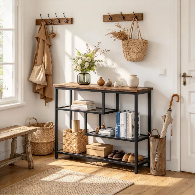 Triumpunpre Haltafel - Sidetable - Bijzettafel - Metaal & Hout - Industrieel Rustieke Stijl - 100 cm - voor Hal, Woonkamer & Slaapkamer Zwart