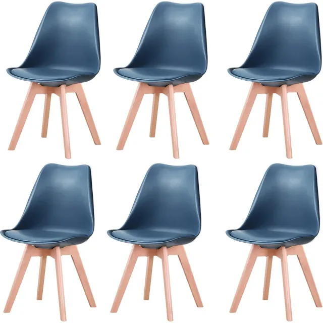 SteeFly® Luxe eetkamerstoelen - Set van 6 design stoelen - Ergonomisch - Donkerblauw met hout onderstel - Zithoogte: 43cm
