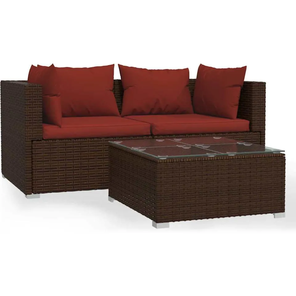 vidaXL 3-delige Loungeset met kussens poly rattan bruin, foto 3